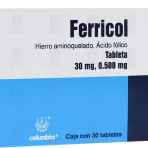 Hierro aminoquelado y ácido fólico. Tableta Cada Tableta contiene: Hierro aminoquelado equivalente a 30 mg de hierro elemental. Acido fólico 0.500 mg Envase con 30 Tabletas.